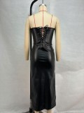 EVE Sexy PU Leather Pleated Split Bandage Dress GPBY-DS177