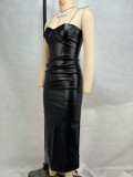 EVE Sexy PU Leather Pleated Split Bandage Dress GPBY-DS177
