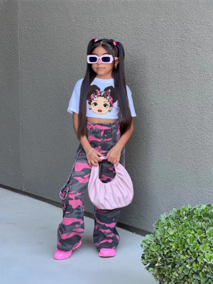 EVE Kids Girl Print T Shirt And Camouflage Pants Suit GYMF-137
