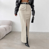 EVE Solid Color High Waist Split PU Long Skirt GPBY-16562