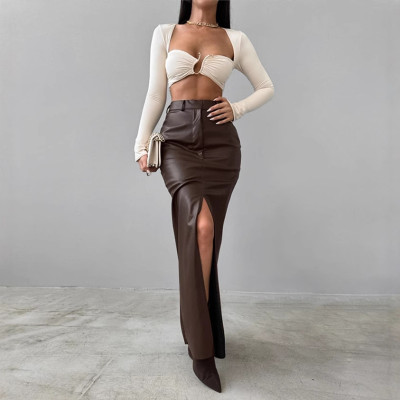 EVE Solid Color High Waist Split PU Long Skirt GPBY-16562