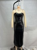 EVE Sexy PU Leather Pleated Split Bandage Dress GPBY-DS177