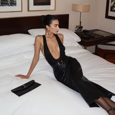 EVE Sleeveless V Neck Patchwork PU Leather Midi Dress GPBY-15152