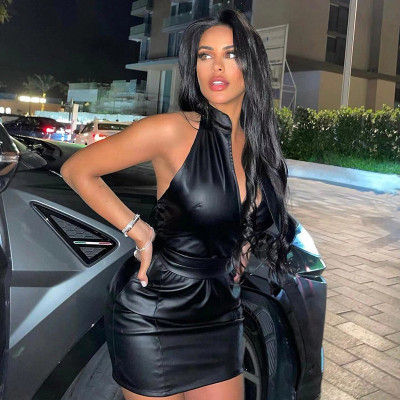 EVE Sexy Backless V Neck PU Leather Mini Dress GPBY-13393