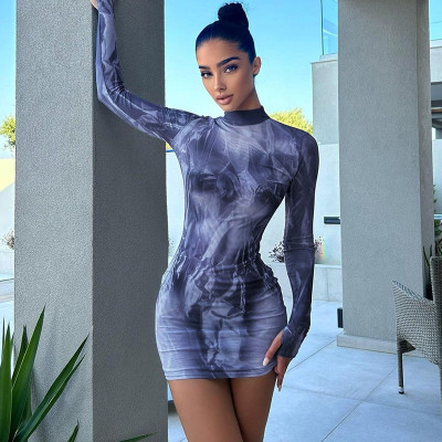 EVE Casual Print Long Sleeve Slim Mini Dress GPBY-14535