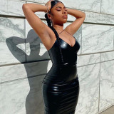 EVE V Neck PU Leather Backless Mini Dress GPBY-1547