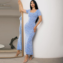 EVE Print Short Sleeve Slim Maxi Dress GPBY-15195