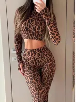 EVE Leopard Print Crop Tops Two Piece Pants Set GPBY-15749