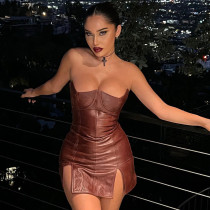 EVE PU Leather Skinny Backless Tube Top Dress GPBY-13532