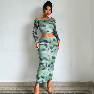 EVE One Shoulder Print Long Sleeve Two Piece Skirts Set GPBY-14536