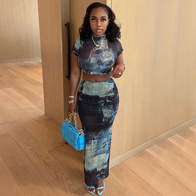 EVE Print Short T Shirt And Half Body Skirt Suit GPBY-14538