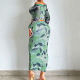 EVE One Shoulder Print Long Sleeve Two Piece Skirts Set GPBY-14536