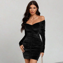 EVE Off Shoulder Velour Long Sleeve Dress GYSQ-CDDG1970
