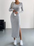 EVE Solid Color Long Sleeve Split Midi Dress GYSQ-CDEF1830