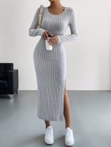 EVE Solid Color Long Sleeve Split Midi Dress GYSQ-CDEF1830