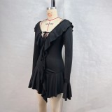 EVE Ruffle Neck Tie Flare Sleeve MIni Dress GPBY-15982