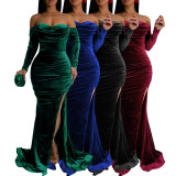 EVE Long Sleeve Off Shoulder Split Maxi Dress AIL-303