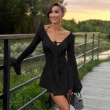 EVE Ruffle Neck Tie Flare Sleeve MIni Dress GPBY-15982