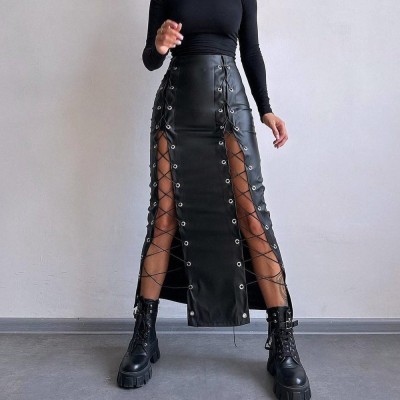 EVE Solid Color Split Tie Up Long Skirt GPBY-16556