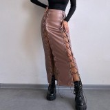 EVE Solid Color Split Tie Up Long Skirt GPBY-16556