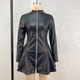 EVE Long Sleeve Zipper PU Leather Pleated Mini Dress GPBY-16419