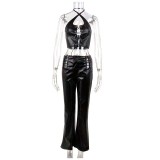 EVE Sexy Halterneck Bandage PU Leather Pants Suit GPBY-1504