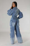 EVE Fashion Washed Multi-pockets Loose Denim Jumpsuit LX-6036