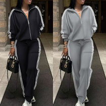 EVE Plus Size Stripe Patchwork Zipper Two Piece Pants Set NY-10959