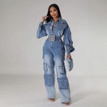 EVE Fashion Washed Multi-pockets Loose Denim Jumpsuit LX-6036