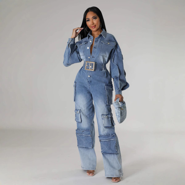 EVE Fashion Washed Multi-pockets Loose Denim Jumpsuit LX-6036