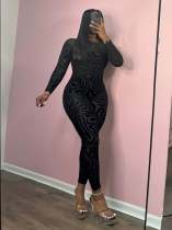 EVE Print Long Sleeve Backless Skinny Jumpsuit GCNF-0226