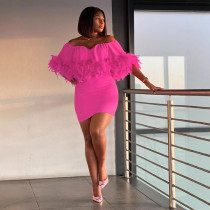 EVE Plus Size One Shoulder Feather Slim Mini Dress NY-3323
