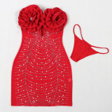 EVE Plus Size Hot Drill Pearl Deep V Mini Dress NY-3339