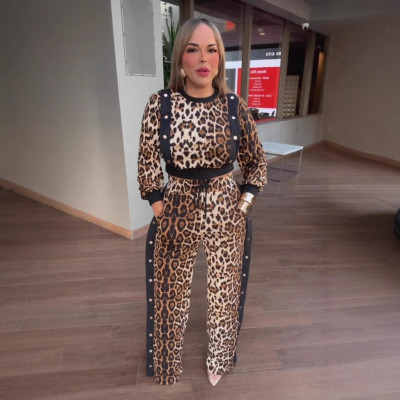 EVE Plus Size Leopard Print Long Sleeve Pants Suit NY-10958