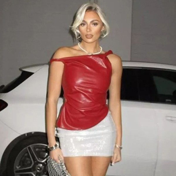 EVE PU Slash Neck Irregular Top GPBY-244