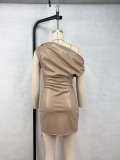 EVE Slash Shoulder Sleeveless PU Mini Dress GPBY-17226
