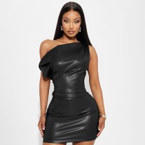 EVE Slash Shoulder Sleeveless PU Mini Dress GPBY-17226