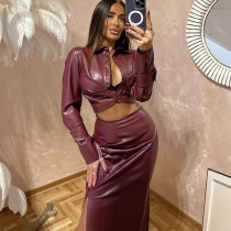 EVE PU Leather Pleated Split Skirt Suit GPBY-232