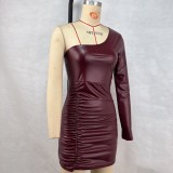 EVE Single Shoulder Sleeve Pleated PU Mini Dress GPBY-241