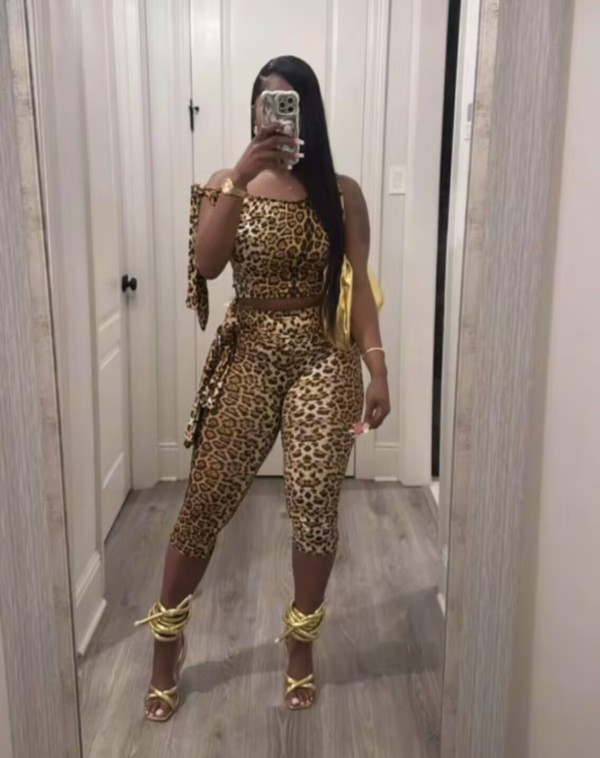 EVE Leopard Print Sleeveless Tie UP 2 Piece Pant Set MEM-88617