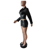 EVE PU Leather Long Sleeve Zipper Short Suit MEM-88619