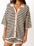 EVE Stripe Knits Hollow Out Two Piece Shorts Set MDF-5505