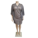 EVE Plus Size V Neck Loose Sequin Mini Dress GCNF-352