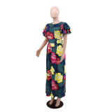 EVE Print Ruffled Sleeve Tie Up Split Maxi Dress GYLY-10593