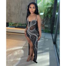 EVE Mesh Hot Drill Sling Split Maxi Dress GOSD-6847