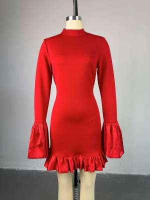 EVE Flare Sleeve Solid Ruffled Mini Dress GCNE-7941