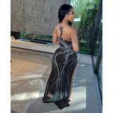 EVE Mesh Hot Drill Sling Split Maxi Dress GOSD-6847