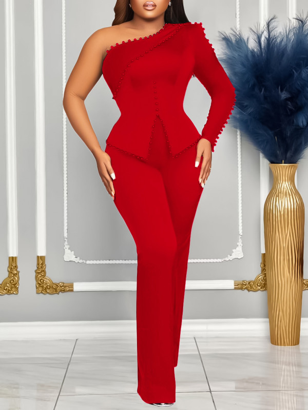 EVE Plus Size Single Shoulder Long Sleeve Solid Pants Suit GATE-D463