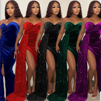 EVE Sexy Sequin Patchwork Tube Top Maxi Dress GOSD-6923