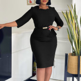 EVE Plus Size Solid Color 3/4 Sleeve Midi Dress GMLF-3312
